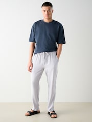 Light Grey Regular Tapered Fit Textured Linen Cotton Elasticated Drawstring Trousers - Image 2 of 12