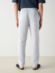 Light Grey Regular Tapered Fit Textured Linen Cotton Elasticated Drawstring Trousers - Image 3 of 12