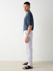 Light Grey Regular Tapered Fit Textured Linen Cotton Elasticated Drawstring Trousers - Image 4 of 12
