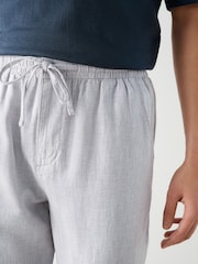 Light Grey Regular Tapered Fit Textured Linen Cotton Elasticated Drawstring Trousers - Image 6 of 12