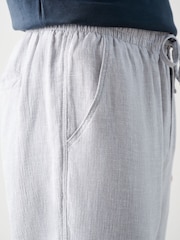 Light Grey Regular Tapered Fit Textured Linen Cotton Elasticated Drawstring Trousers - Image 7 of 12