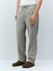 Sage Green/Khaki Regular Tapered Fit Cotton Linen Striped Trousers - Image 1 of 10