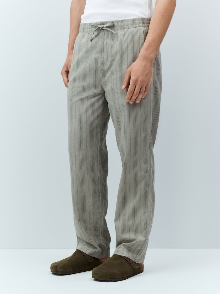 Sage Green/Khaki Regular Tapered Fit Cotton Linen Striped Trousers - Image 1 of 10