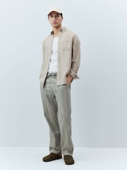 Sage Green/Khaki Regular Tapered Fit Cotton Linen Striped Trousers - Image 2 of 10