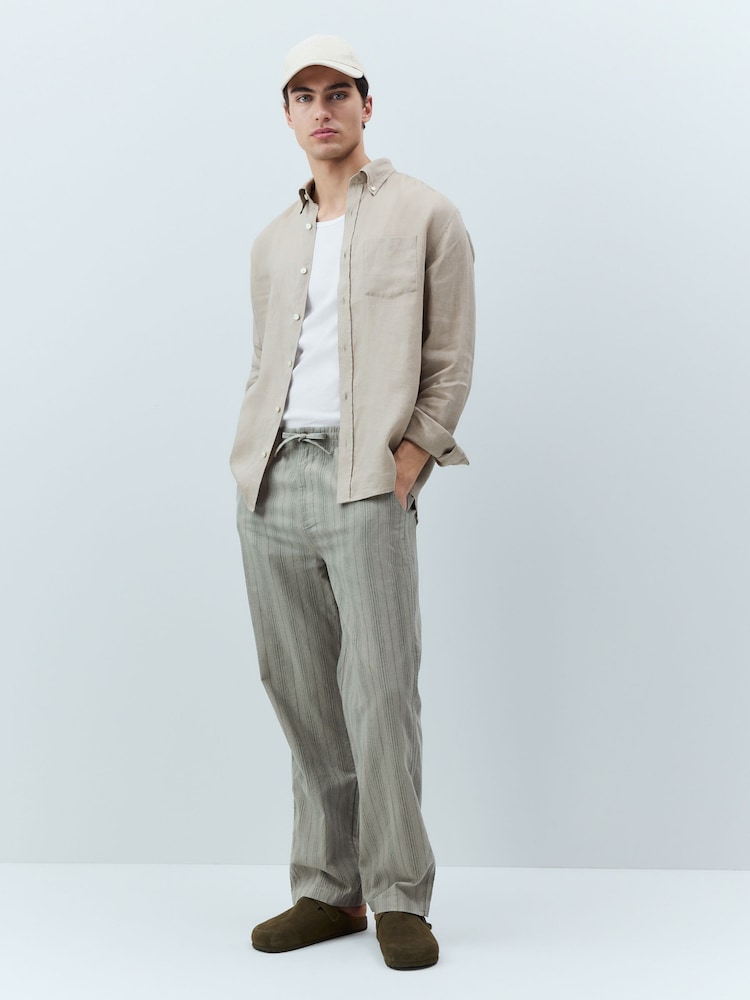Sage Green/Khaki Regular Tapered Fit Cotton Linen Striped Trousers - Image 2 of 10