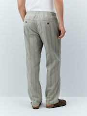 Sage Green/Khaki Regular Tapered Fit Cotton Linen Striped Trousers - Image 3 of 10