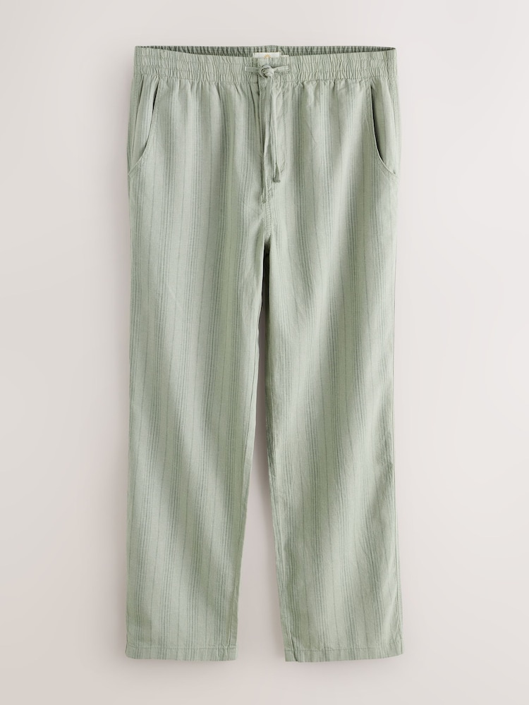 Sage Green/Khaki Regular Tapered Fit Cotton Linen Striped Trousers - Image 1 of 4