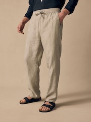 Neutral Stripe Regular Tapered Fit 100% Linen Signature Elasticated Waist Drawstring Trousers - Image 1 of 9