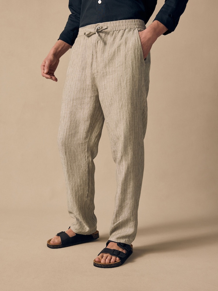 Neutral Stripe Regular Tapered Fit 100% Linen Signature Elasticated Waist Drawstring Trousers - Image 1 of 9