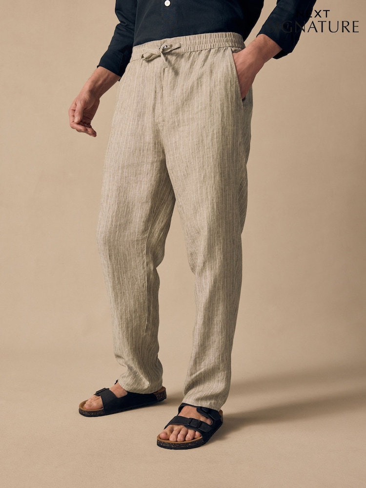 Neutral Stripe Regular Tapered Fit 100% Linen Signature Elasticated Waist Drawstring Trousers - Image 12 of 12 Neutral Stripe Regular Tapered Fit 100% Linen Signature Elasticated Waist Drawstring Trousers - Image 12 of 12
