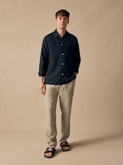 Neutral Stripe Regular Tapered Fit 100% Linen Signature Elasticated Waist Drawstring Trousers - Image 2 of 9