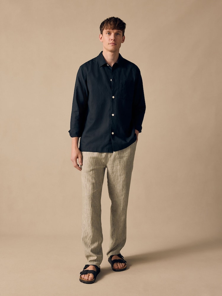 Neutral Stripe Regular Tapered Fit 100% Linen Signature Elasticated Waist Drawstring Trousers - Image 2 of 9