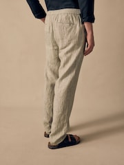 Neutral Stripe Regular Tapered Fit 100% Linen Signature Elasticated Waist Drawstring Trousers - Image 3 of 9