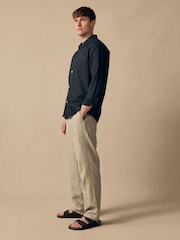 Neutral Stripe Regular Tapered Fit 100% Linen Signature Elasticated Waist Drawstring Trousers - Image 4 of 9