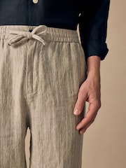 Neutral Stripe Regular Tapered Fit 100% Linen Signature Elasticated Waist Drawstring Trousers - Image 5 of 9