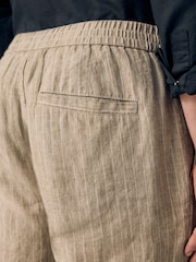 Neutral Stripe Regular Tapered Fit 100% Linen Signature Elasticated Waist Drawstring Trousers - Image 6 of 9