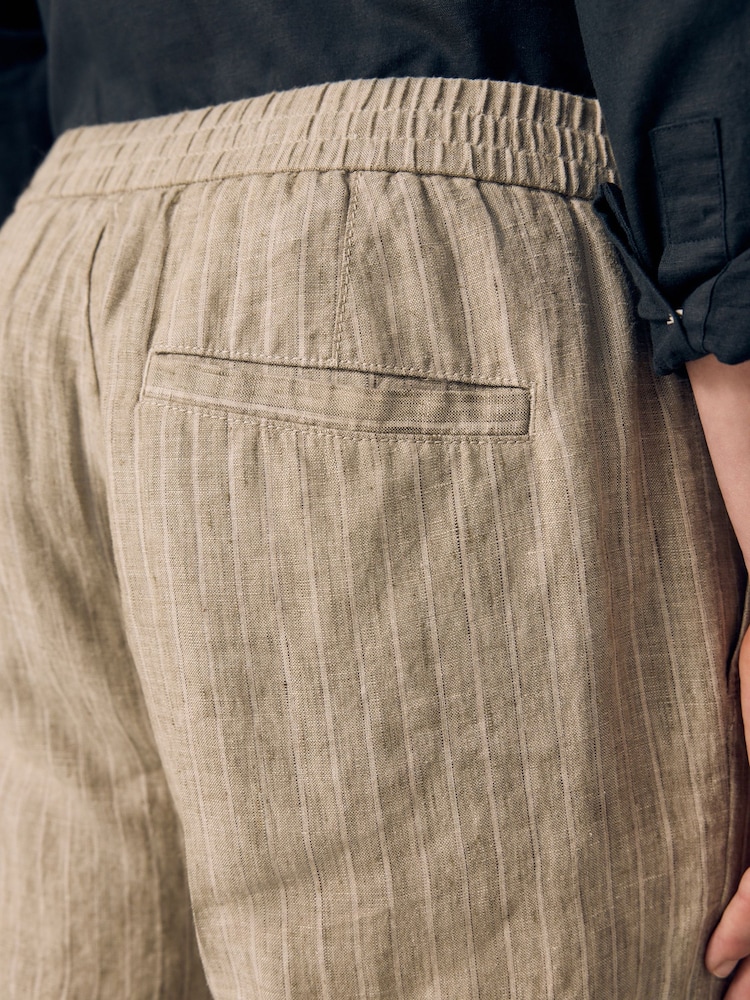 Neutral Stripe Regular Tapered Fit 100% Linen Signature Elasticated Waist Drawstring Trousers - Image 6 of 9