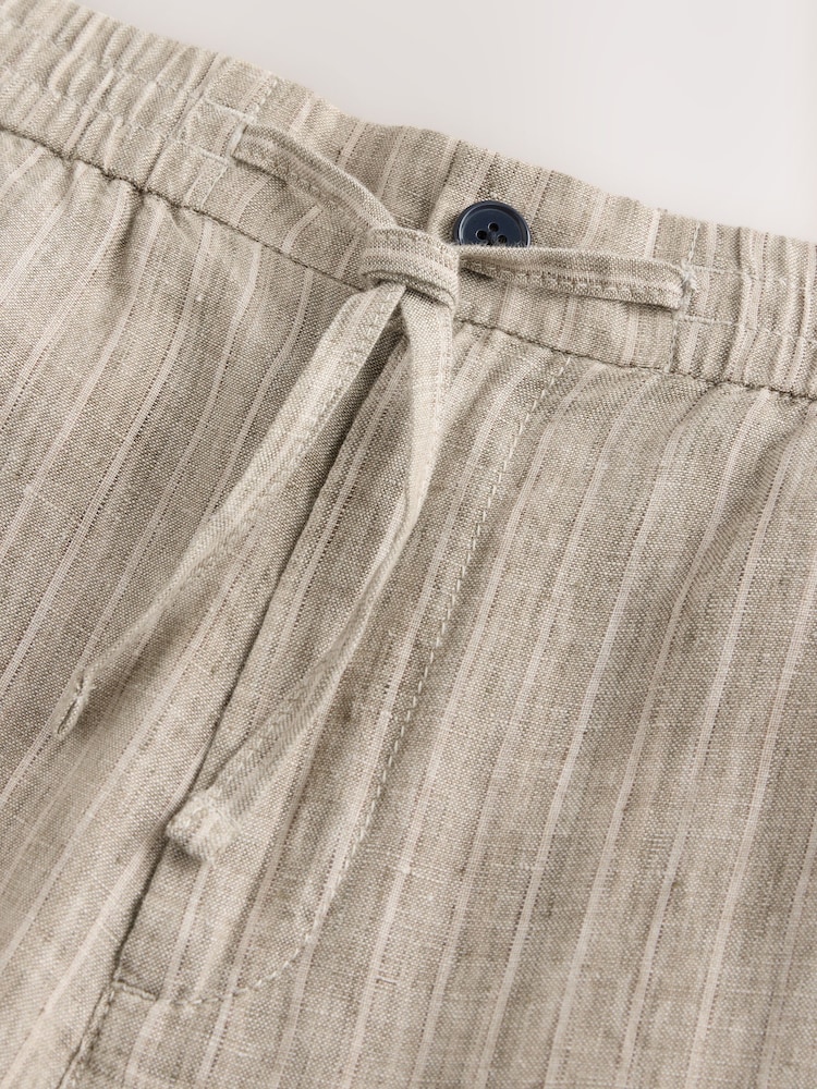 Neutral Stripe Regular Tapered Fit 100% Linen Signature Elasticated Waist Drawstring Trousers - Image 7 of 9