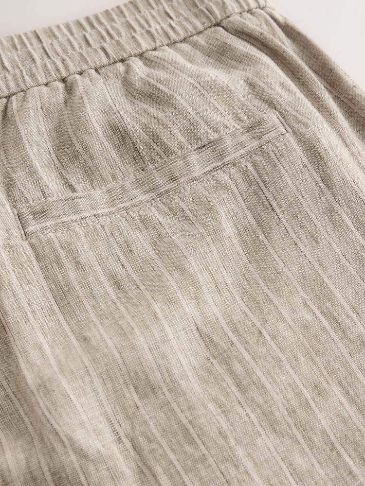 Neutral Stripe Regular Tapered Fit 100% Linen Signature Elasticated Waist Drawstring Trousers - Image 9 of 9