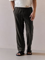 Black/Khaki Green Regular Tapered Fit Cotton Linen Striped Trousers - Image 1 of 4