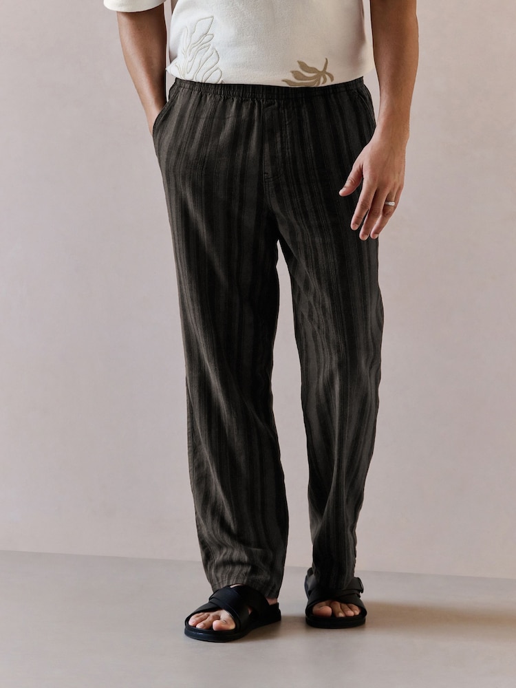 Black/Khaki Green Regular Tapered Fit Cotton Linen Striped Trousers - Image 1 of 4