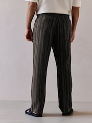 Black/Khaki Green Regular Tapered Fit Cotton Linen Striped Trousers - Image 2 of 4