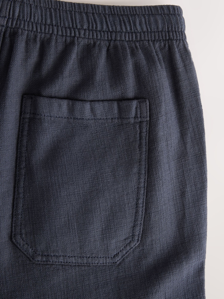 Navy Blue Textured Elasticated Waist 100% Cotton Trousers - Image 10 of 10