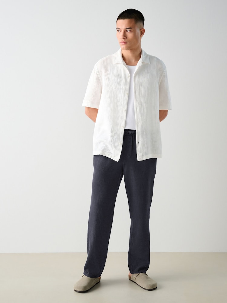 Navy Blue Textured Elasticated Waist 100% Cotton Trousers - Image 2 of 10
