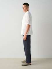 Navy Blue Textured Elasticated Waist 100% Cotton Trousers - Image 3 of 10