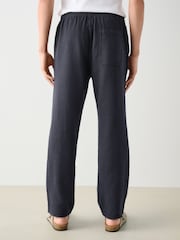 Navy Blue Textured Elasticated Waist 100% Cotton Trousers - Image 4 of 10