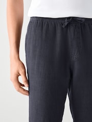 Navy Blue Textured Elasticated Waist 100% Cotton Trousers - Image 5 of 10