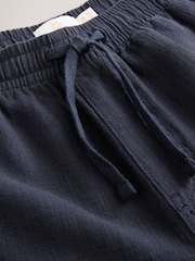 Navy Blue Textured Elasticated Waist 100% Cotton Trousers - Image 9 of 10