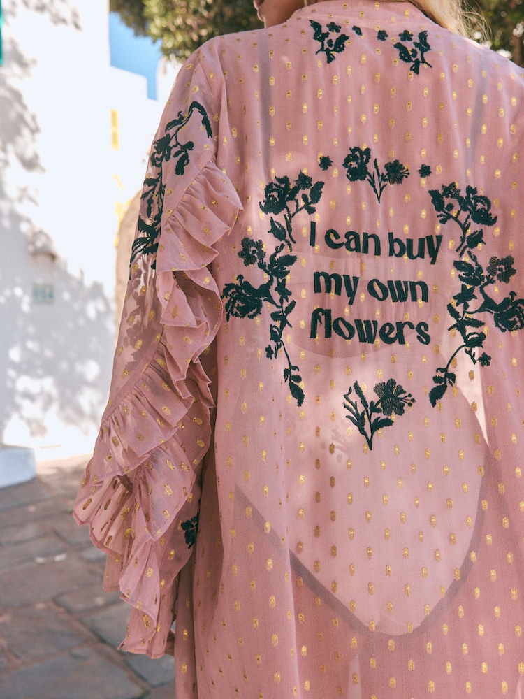 Rockett St George Pink Embroidered Long Line Kimono - Image 2 of 6 Rockett St George Pink Embroidered Long Line Kimono - Image 2 of 6