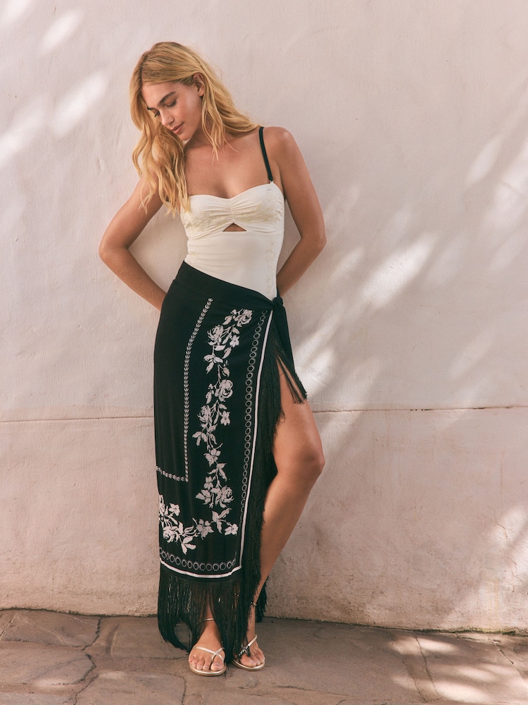 Rockett St George Black Mono Embroidered Tassel Sarong - Image 1 of 5