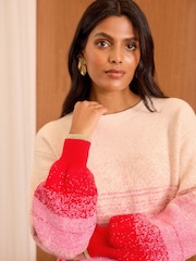 Love & Roses Red/Pink Ombre Stripe Sequin Knitted High Neck Jumper - Image 2 of 4