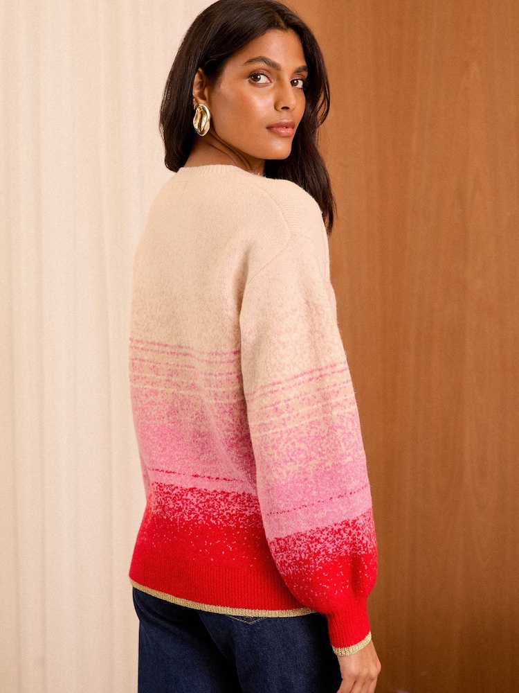 Love & Roses Red/Pink Ombre Stripe Sequin Knitted High Neck Jumper - Image 4 of 4