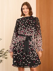 Love & Roses Pink Printed V-Neck Tie Belt Long Sleeve Mini Dress - Image 3 of 4