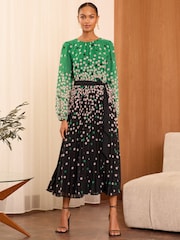 Love & Roses Green Petite Mono Spot Pleated Midi Dress - Image 1 of 4