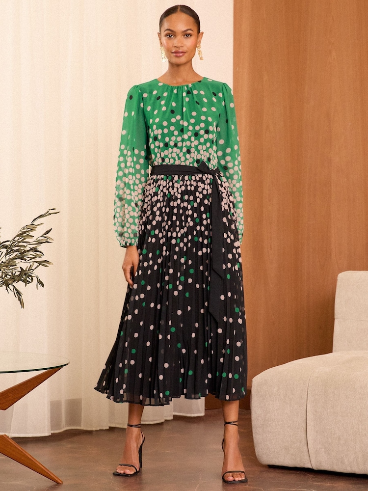 Verde - Love & Roses Mono Spot Pleated Midi Dress - Imagen 1 de 4 Verde - Love & Roses Mono Spot Pleated Midi Dress - Imagen 1 de 4