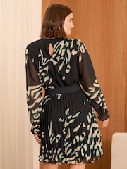Love & Roses Black Animal Printed V-Neck Tie Belt Long Sleeve Mini Dress - Image 4 of 4