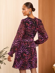 Love & Roses Animal Petite Printed V-Neck Tie Belt Long Sleeve Mini Dress - Image 4 of 4