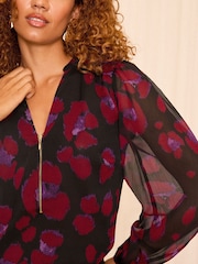 Love & Roses Red Animal Petite Zip Front Mix Sheer Long Sleeve Length Blouse - Image 2 of 4