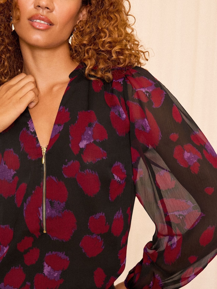 Love & Roses Red Animal Petite Zip Front Mix Sheer Long Sleeve Length Blouse - Image 2 of 4