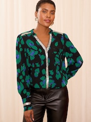 Love & Roses Green Animal Sequin Trim V-Neck Long Sleeve Blouse - Image 1 of 4