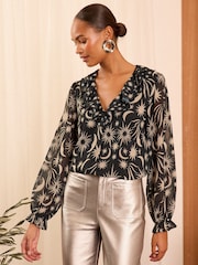 Love & Roses Black Star Ruffle Detail V-Neck Long Sleeve Blouse - Image 1 of 4