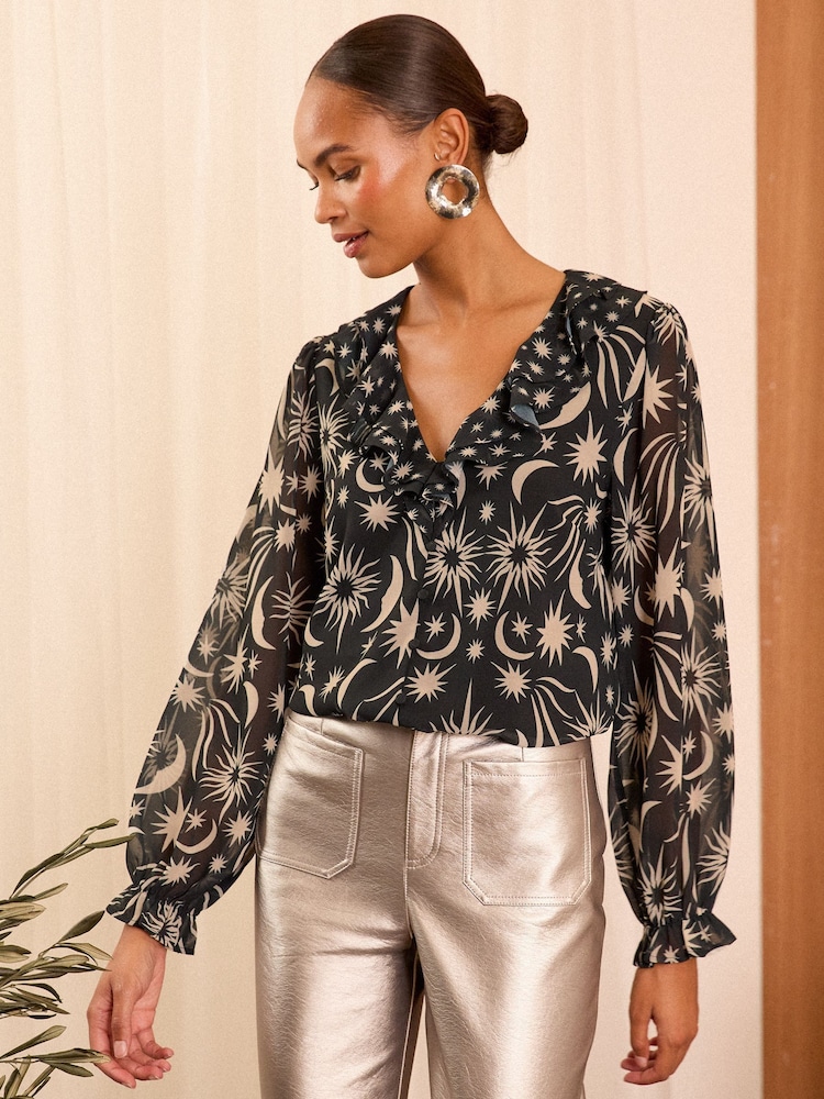 Love & Roses Black Star Ruffle Detail V-Neck Long Sleeve Blouse - Image 1 of 4