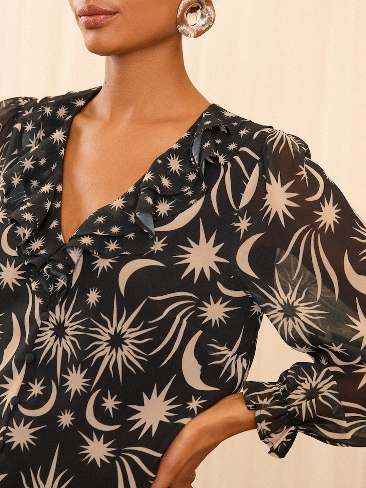 Love & Roses Black Star Ruffle Detail V-Neck Long Sleeve Blouse - Image 2 of 4