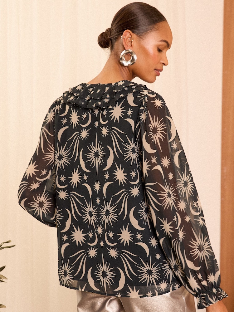 Love & Roses Black Star Ruffle Detail V-Neck Long Sleeve Blouse - Image 4 of 4
