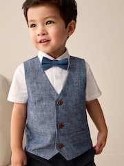 Navy Cotton/Linen Blend Waistcoat, Shirt & Bow Tie Set (3mths-9yrs) - Image 1 of 7