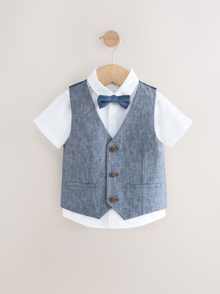 marine - Ensemble Gilet, Chemises et Cravate Nœud en Coton/Lin Blend (3mths-9yrs) - Image 4 of 7